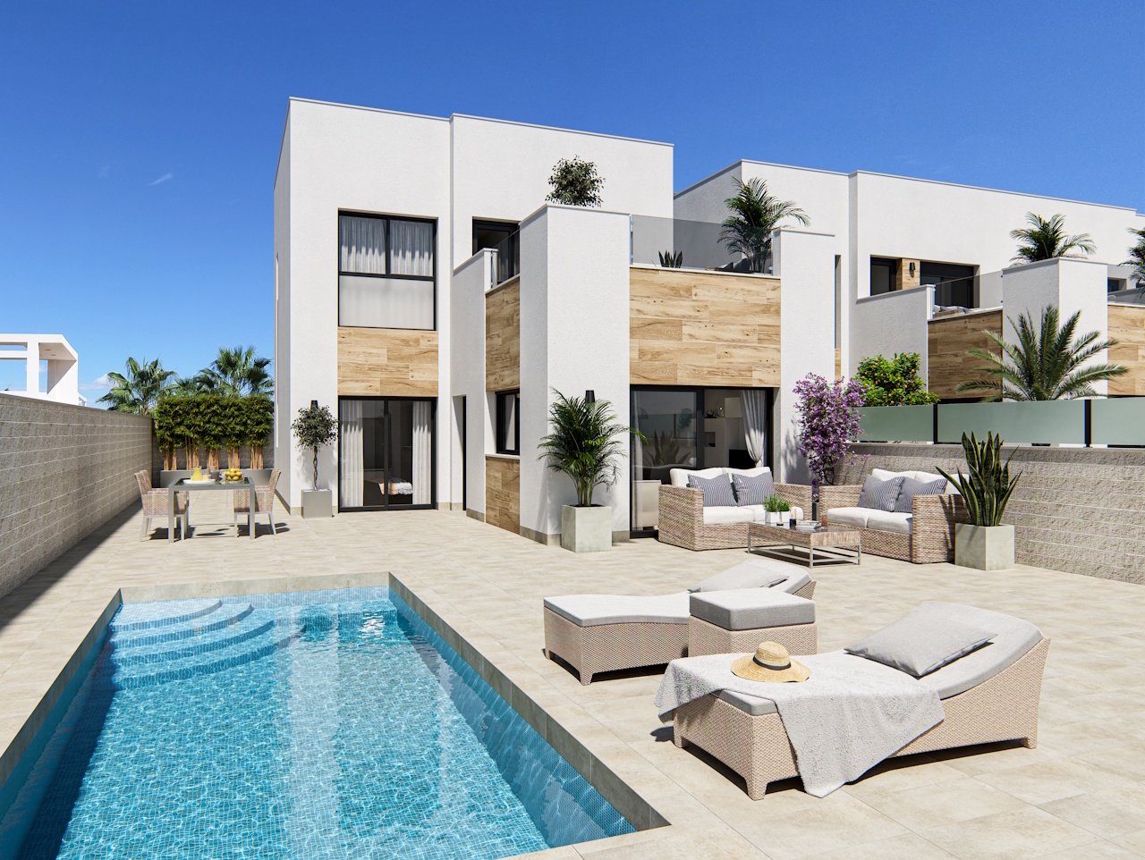 Exklusive Villen mit 3 Schlafzimmern, 2 Bädern, Gäste-WC, Dachterrasse, Klimaanlage, Privatpool und Kfz-Stellplatz Exklusive Villen mit 3 Schlafzimmern, 2 Bädern, Gäste-WC, Dachterrasse, Klimaanlage, Privatpool und Kfz-Stellplatz