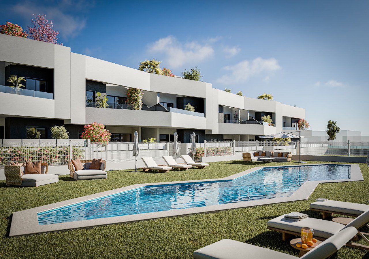 Erdgeschoss-Wohnungen mit 2 Schlafzimmern, 2 Badezimmern, privatem Garten und Gemeinschaftspool Erdgeschoss-Wohnungen mit 2 Schlafzimmern, 2 Badezimmern, privatem Garten und Gemeinschaftspool