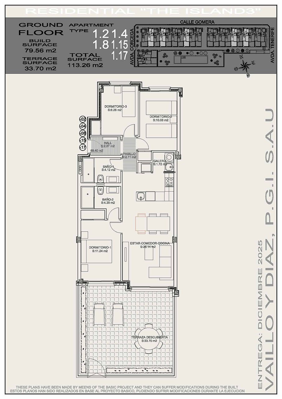 Ground floor apartments with 3 bedrooms, 2 bathrooms, private parking and communal pool