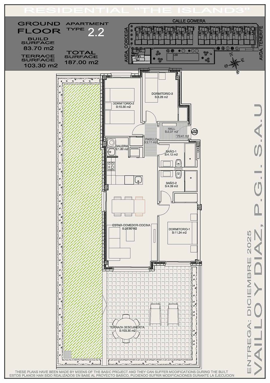 Ground floor apartments with 3 bedrooms, 2 bathrooms, private parking and communal pool